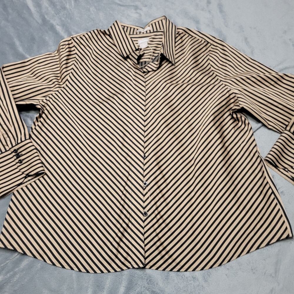 Chicos Shirt Womens‎ 16/18 Petite Black No Iron Button Down Brown Striped Size 2